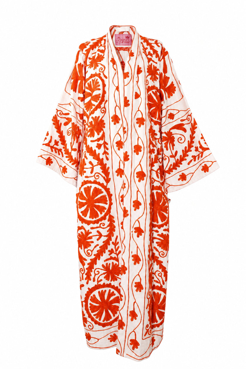 Kimono suzani orange flower Bianco-arancio