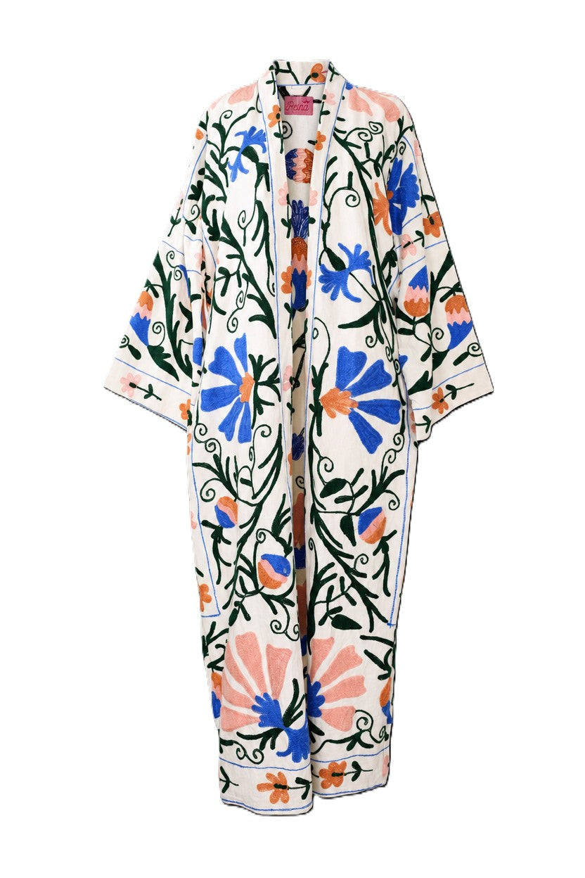 Kimono suzani blue flower Bianco-blue