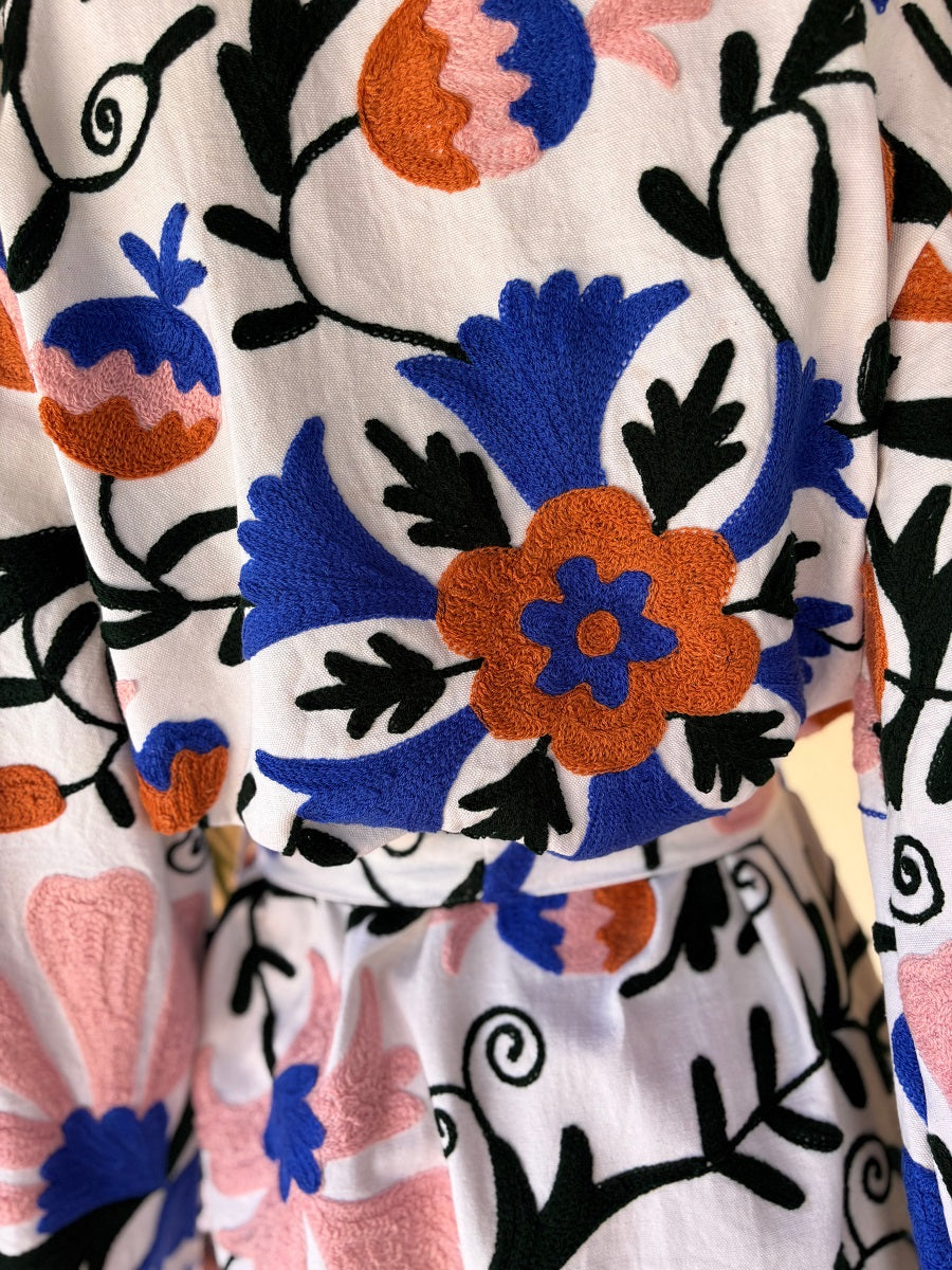 Kimono suzani blue flower Bianco-blue