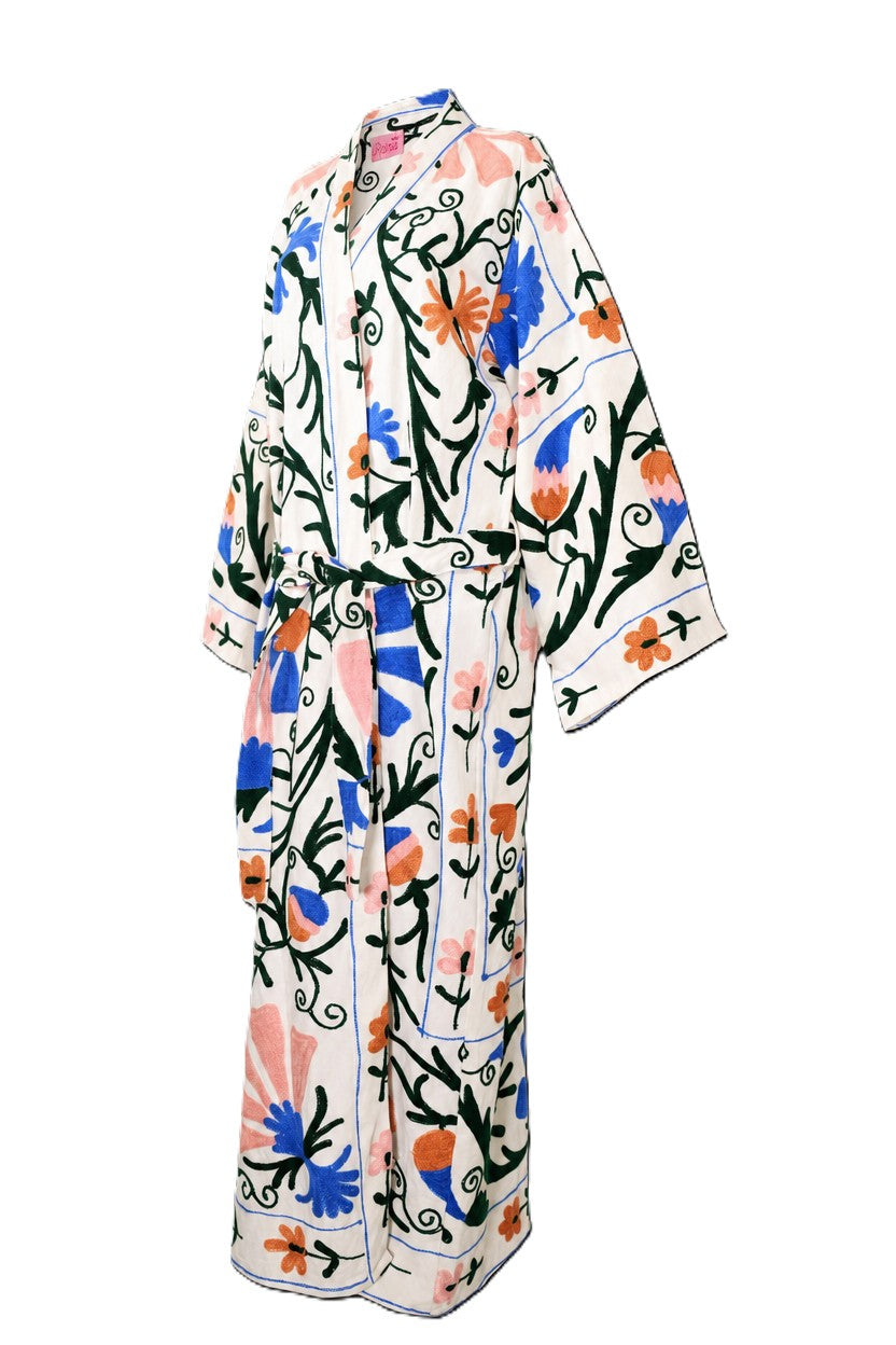 Kimono suzani blue flower Bianco-blue