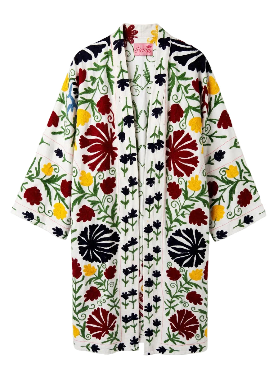 Kimono suzani black flower Bianco-nero