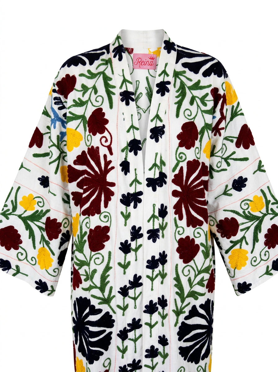 Kimono suzani black flower Bianco-nero
