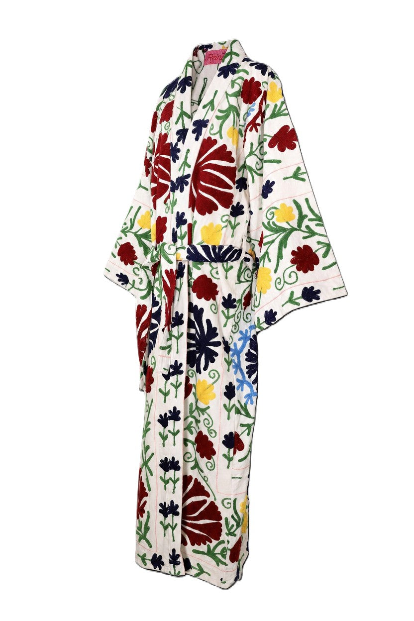 Kimono suzani black flower Bianco-nero