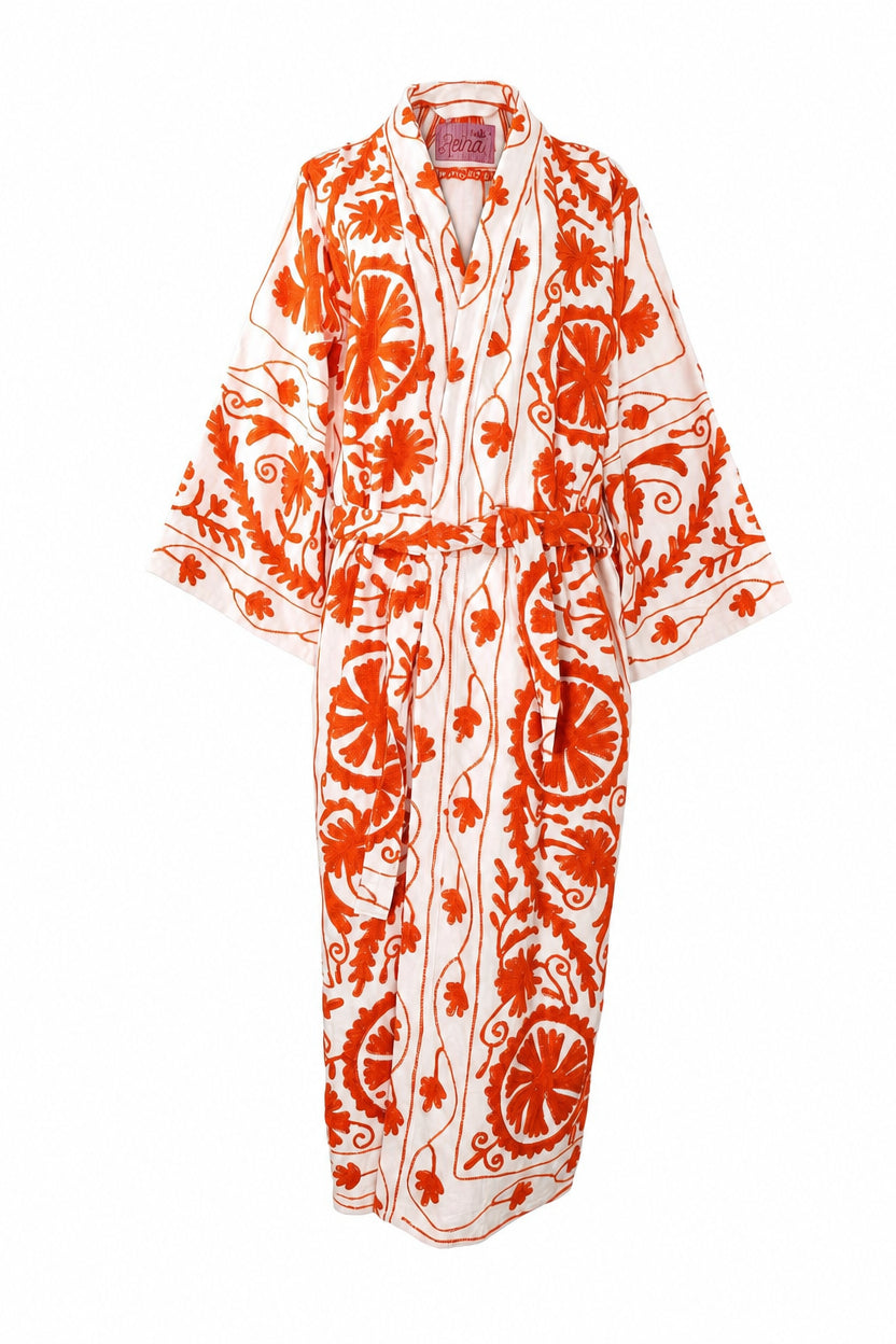 Kimono suzani orange flower Bianco-arancio