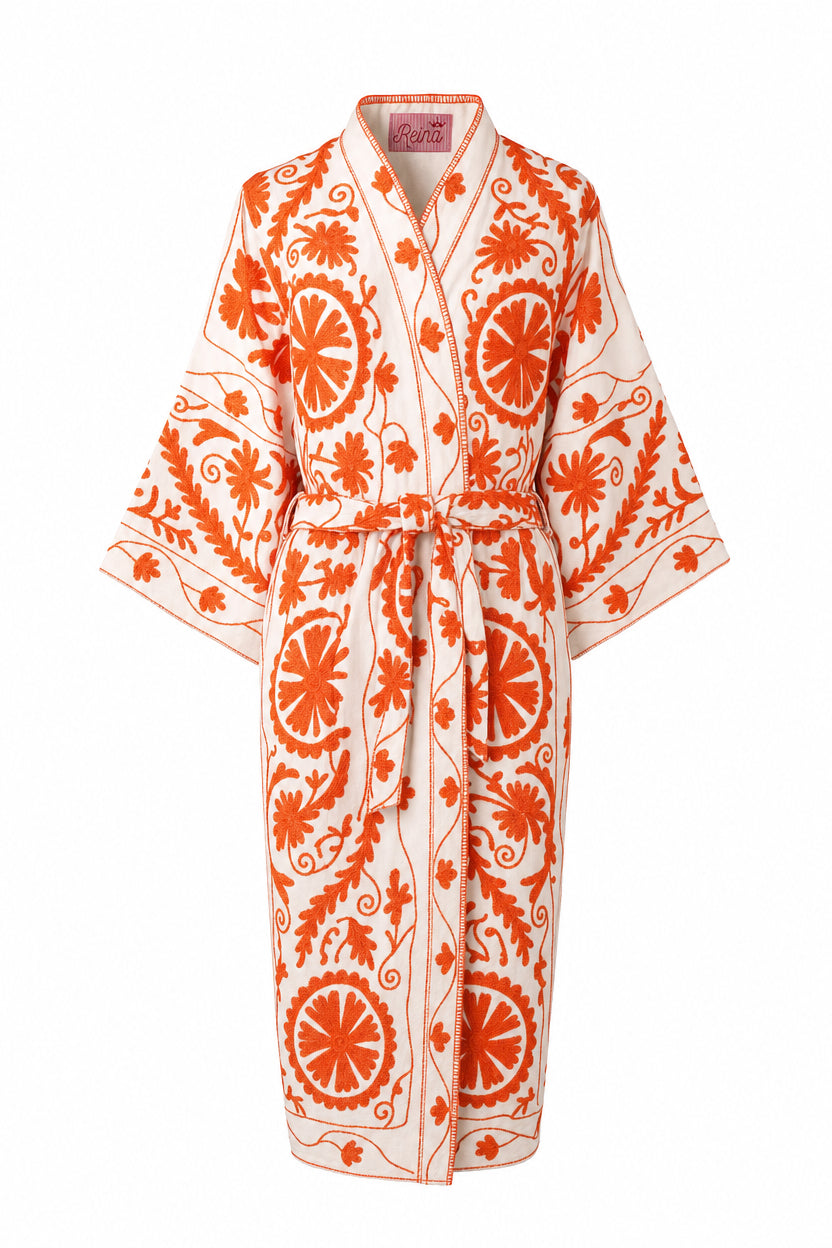 Kimono suzani orange flower Bianco-arancio