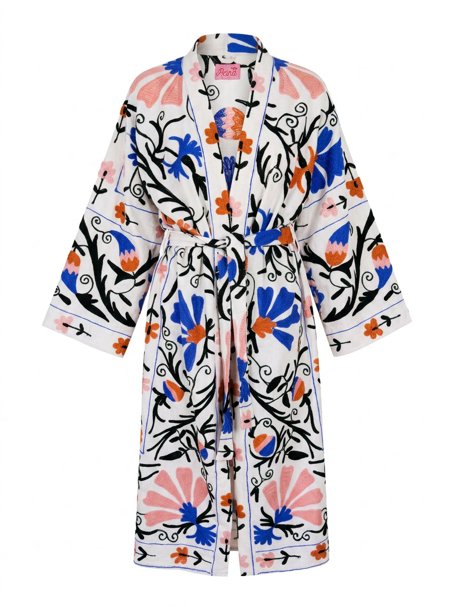 Kimono suzani blue flower Bianco-blue