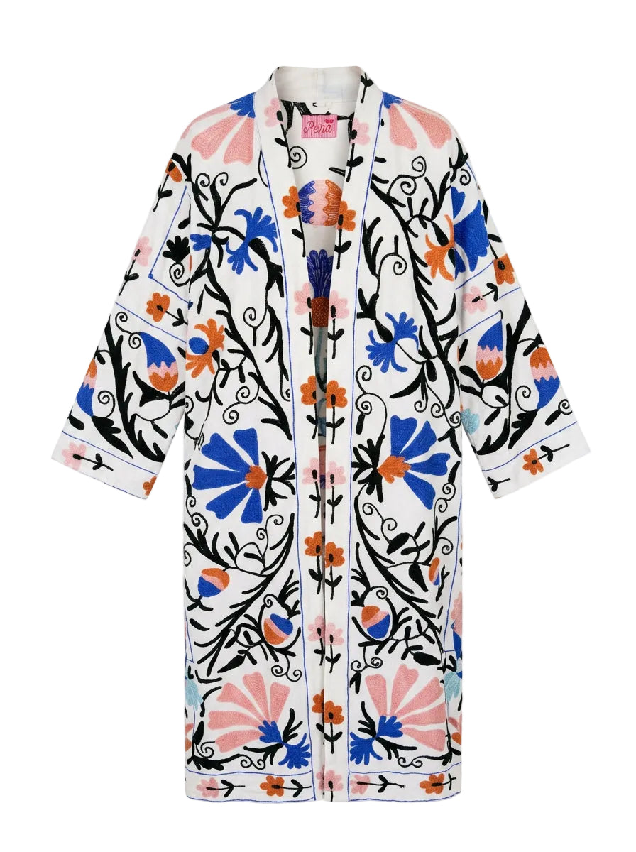 Kimono suzani blue flower Bianco-blue