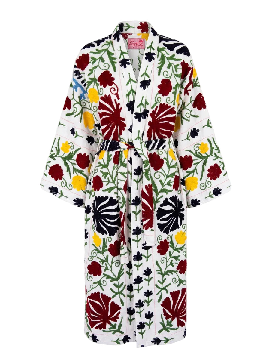 Kimono suzani black flower Bianco-nero