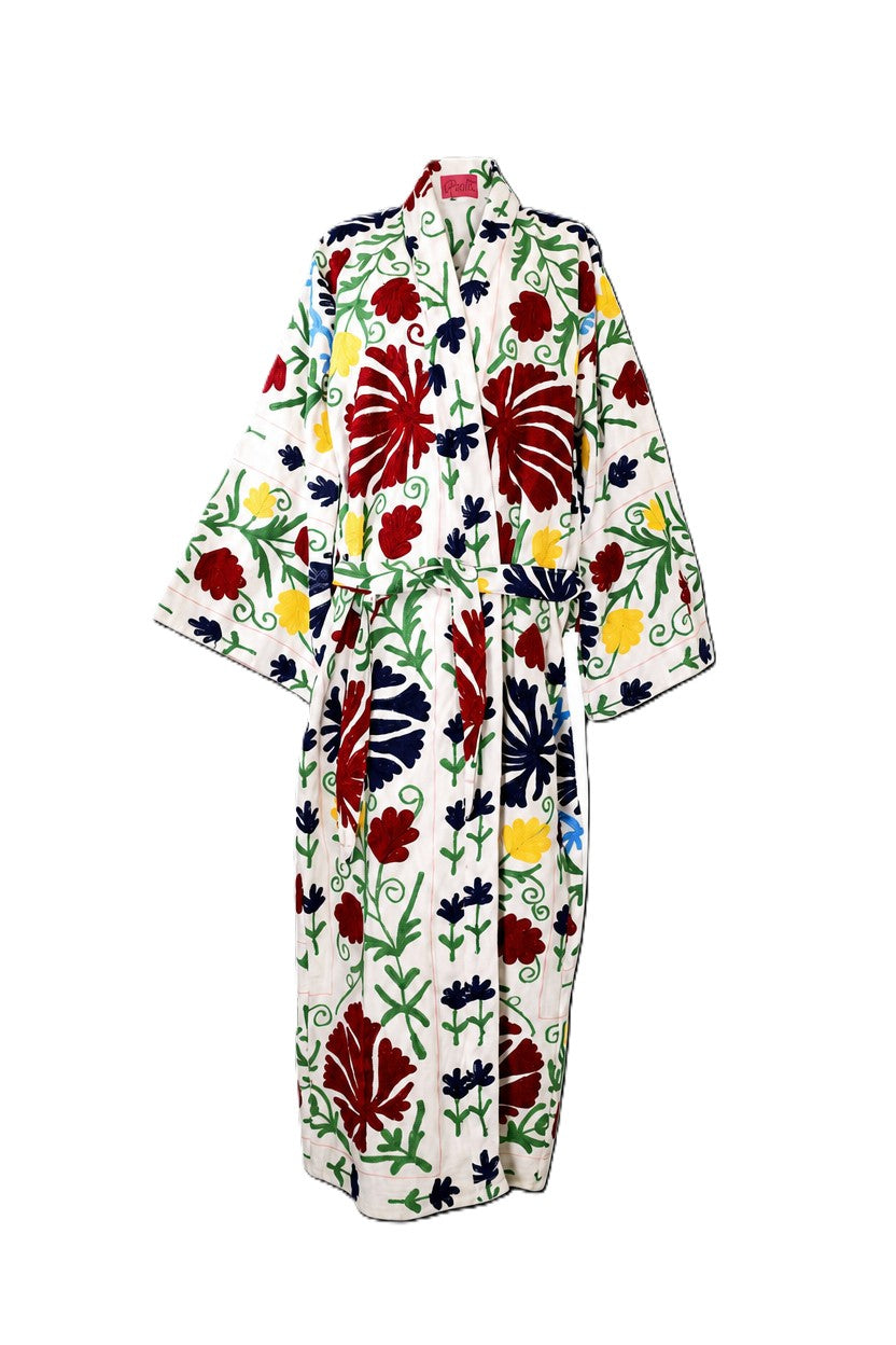 Kimono suzani black flower Bianco-nero