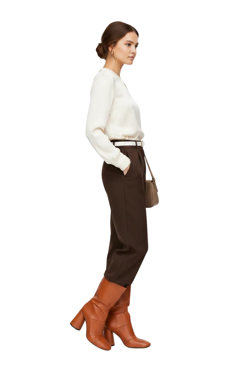 Stivaletto in pelle cognac indossato con pantalone wide-leg marrone e camicia seta crema, modella di profilo